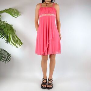 Vintage Y2K Pink Barbiecore Fairy Coquette Chiffon Babydoll Mini Dress / Size: L